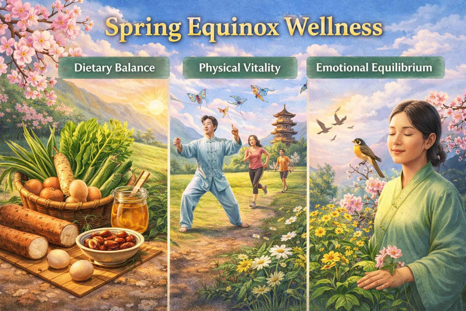 Spring Equinox health practices in China including diet balance, tai chi exercise and emotional harmony